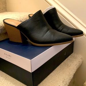 Kaari blue black animal skin mule with wooden heel never worn outside.